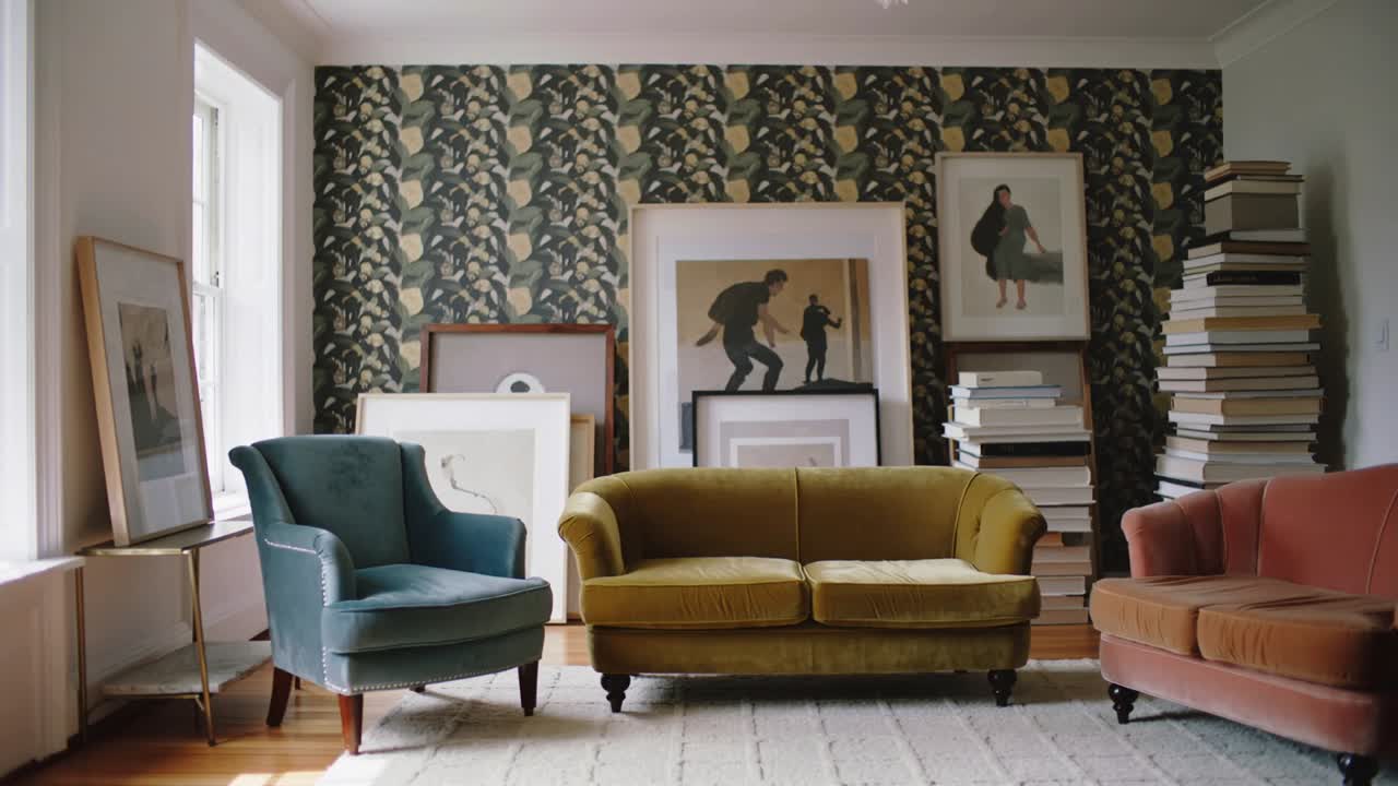 Skiftende kamera afslører en sennepsgul to-personers sofa centreret i stuen, med bøger i højre side.