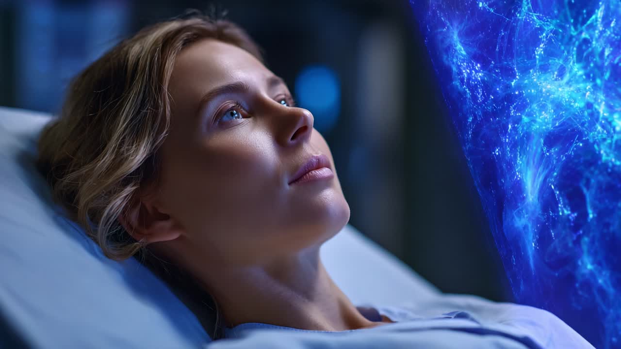 A Woman Contemplating Life's Mysteries While in a Medical Setting, Gazing at Ethereal Visuals of Energetic Light Patterns That Reflect Her Inner Thoughts and Dreams of the Universe Beyond