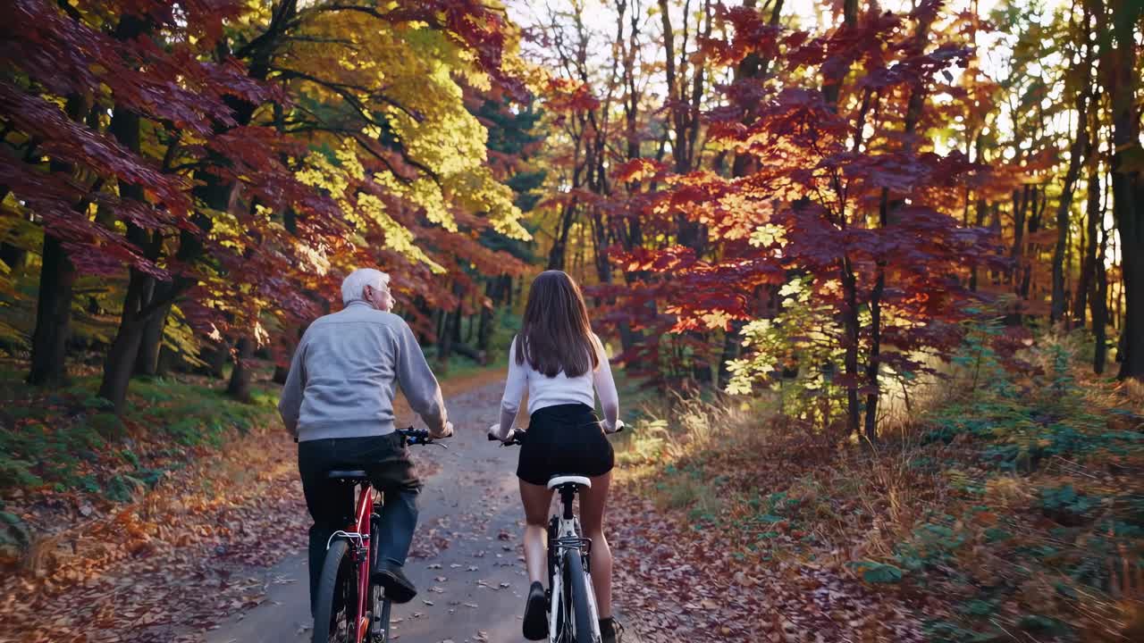 Aerial video captures two cyclists on a forest path in autumn