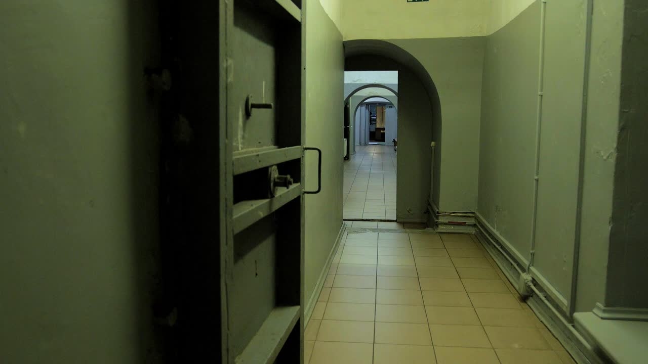 민간인을 숨기기 위한 콘크리트 폭탄 보호소 내부의 복도, 오래된 해안 요새에 지어진 지하 종말 벙커, 오른쪽으로 움직이는 넓은 핸드헬드 돌리 샷