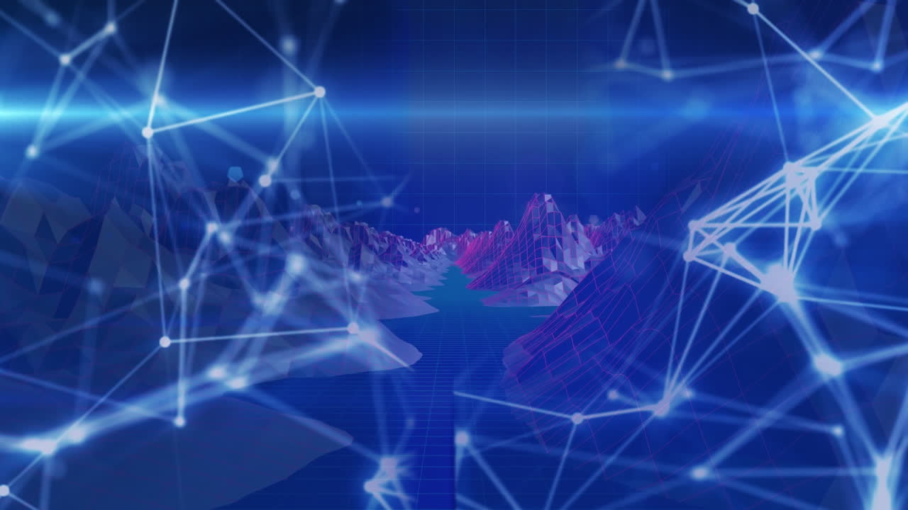 Animation of moving shapes and digital mountains over blue background