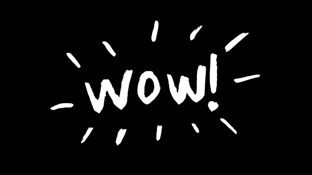 Testo animato 'Wow!' disegnato a mano con linee irradianti.