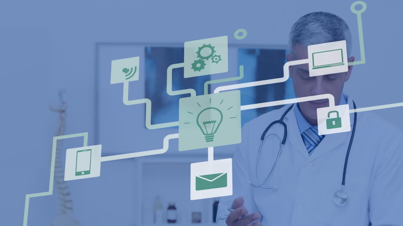 Animation of graphical flowchart with computer icons over caucasian male doctor writing on clipboard