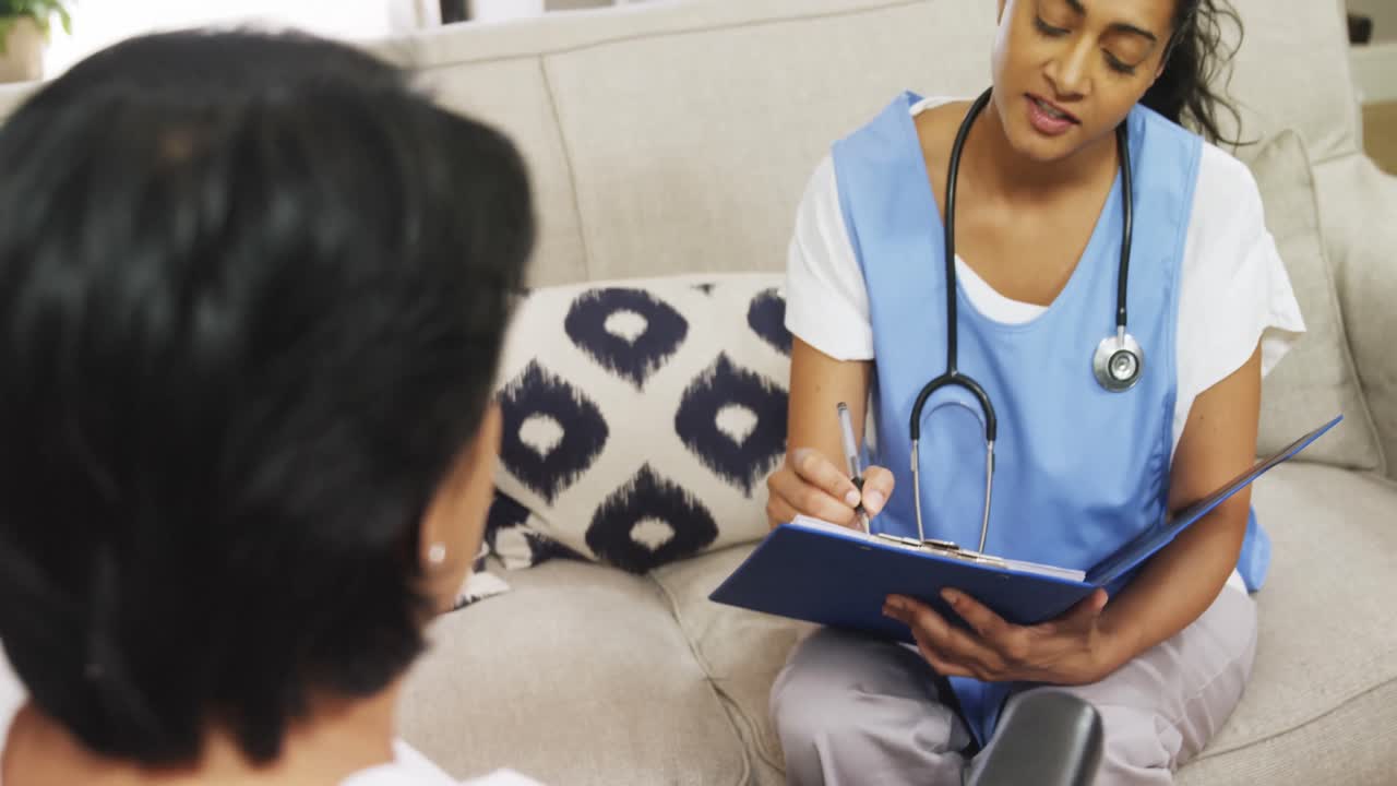 Female doctor interacting with mature woman 4k