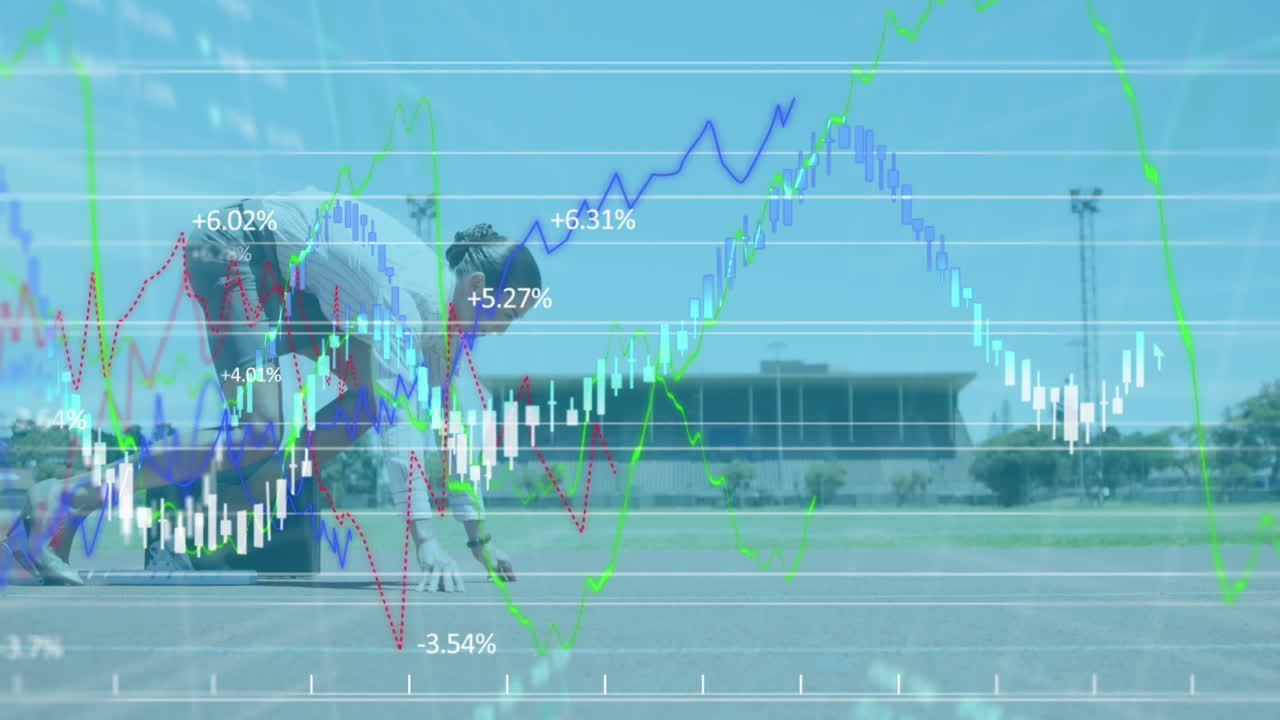 레이스를 시작하는 드레스와 힐을 입은 백인 여성에 대한 그래프와 통계의 애니메이션