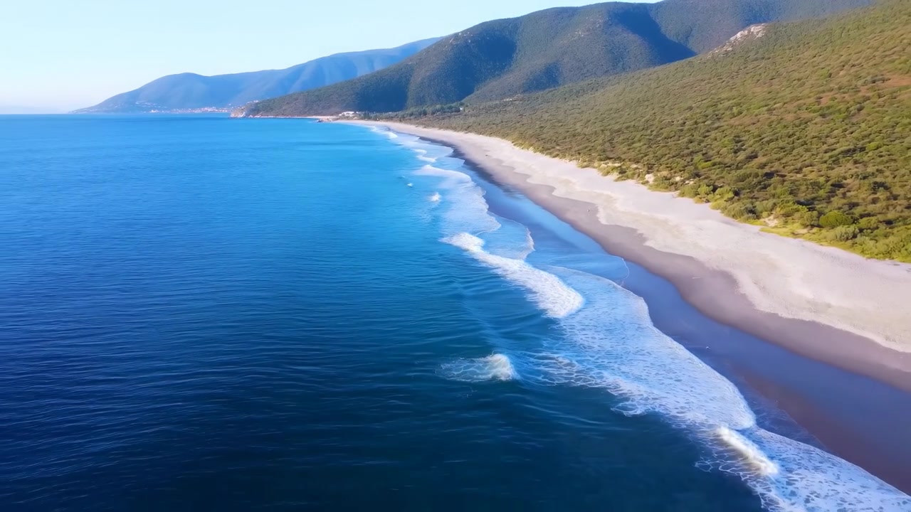Movimiento aéreo oblicuo a través de una larga playa de arena curvada donde olas poco profundas repetidas rompen en brillantes bandas de espuma a lo largo de la orilla, respaldada por densas colinas verdes, montañas redondeadas y un horizonte abierto.