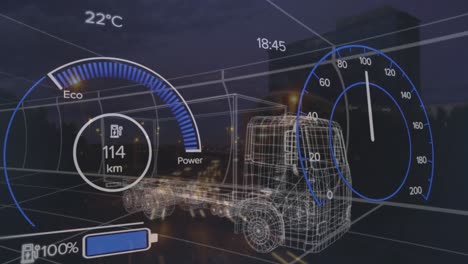 Animation-Eines-Pkw-Cockpits-Und-Eines-Lkw-über-Der-Stadtlandschaft