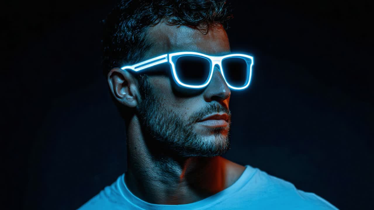 A stylish man sporting glowing sunglasses stands in a dark environment, showcasing the vibrant blue illuminations against his rugged features and fashionable attire