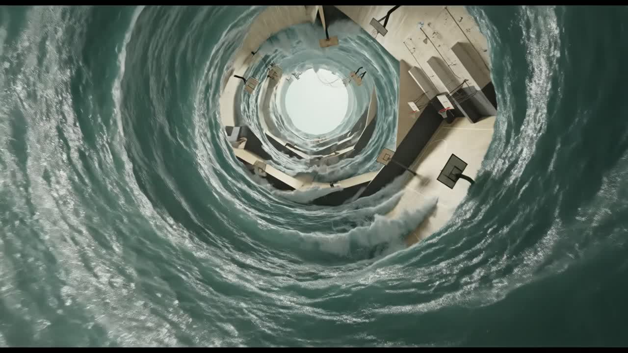 Drammatico vortice d'acqua che si avvolge attraverso un campo da basket al coperto.