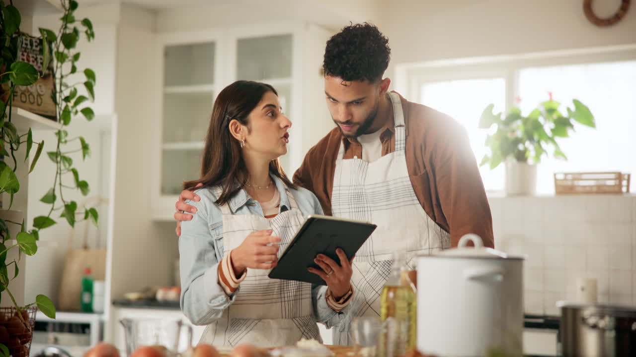 pareja aprendiendo una receta juntos en la cocina