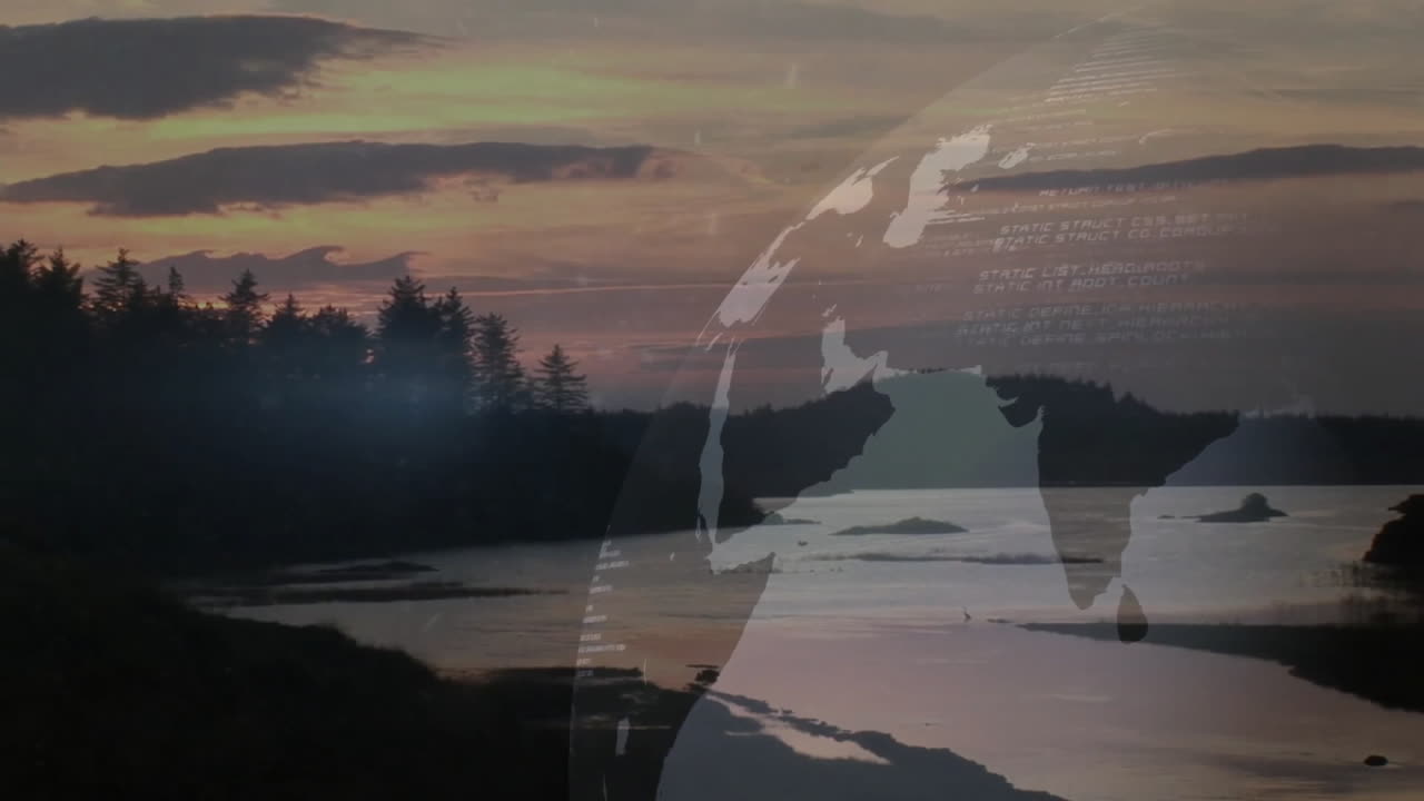 Semi-transparent globe hovering over sunset coastal inlet, showing lines of code with flat design