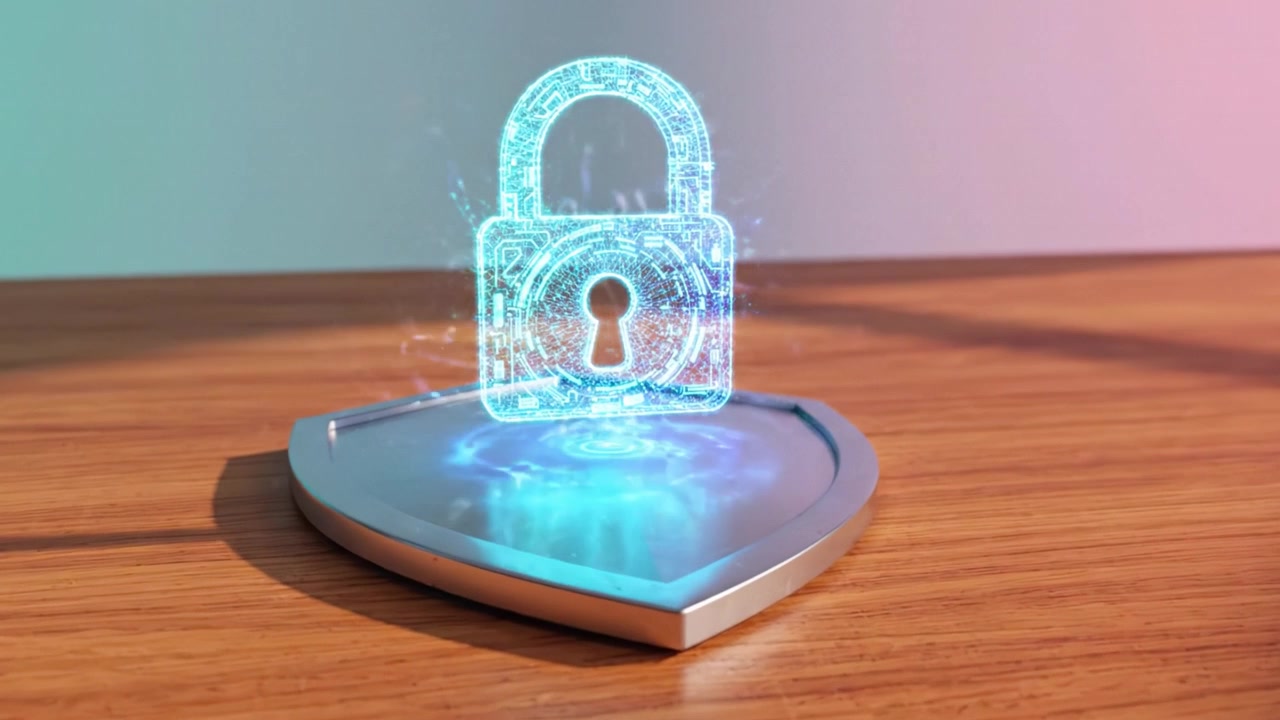 Digital Security Shield Featuring a 3D Holographic Lock Symbol Represents Modern Cybersecurity Measures and Protection for Devices and Data