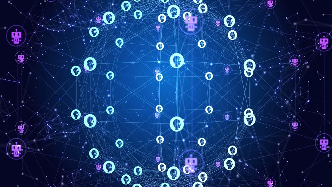 animación de personas e íconos de robots que se conectan con líneas y forman un globo