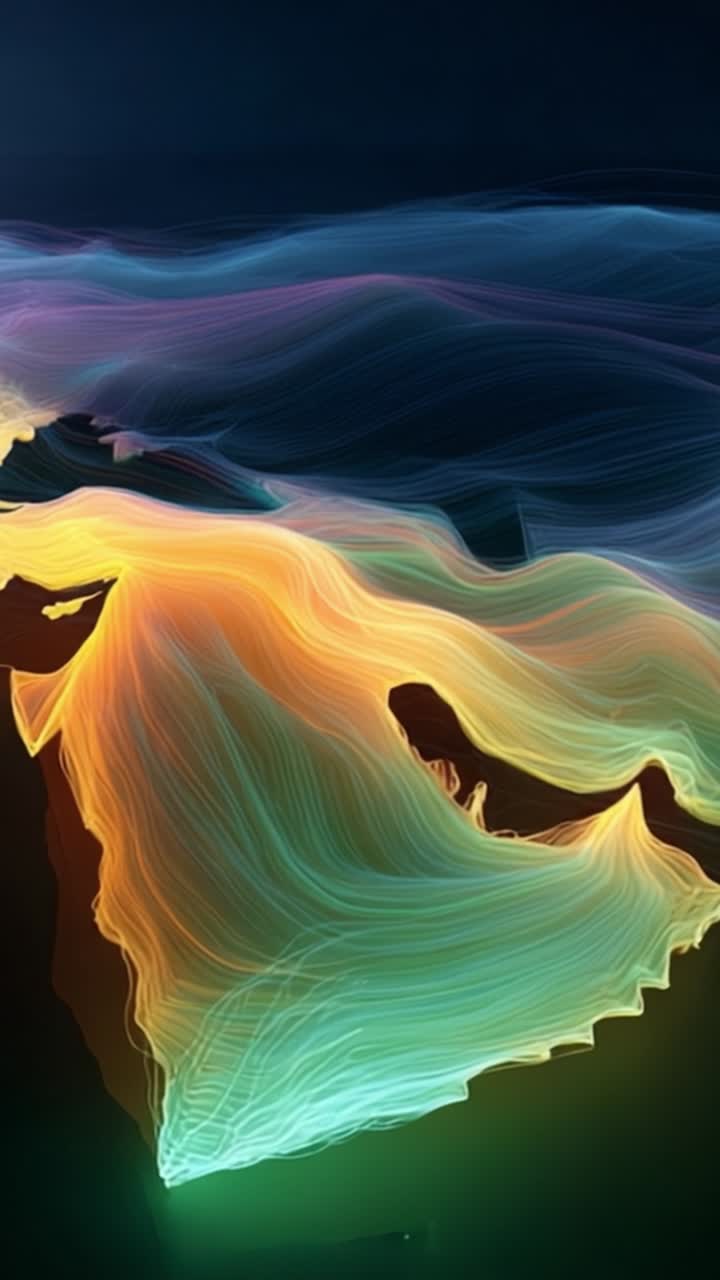 An ethereal dance of vibrant colors and flowing lights representing movement and energy in a mesmerizing wave pattern across a darkened background