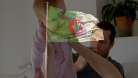holding baby, father with algerian flag animation overlay in home environment