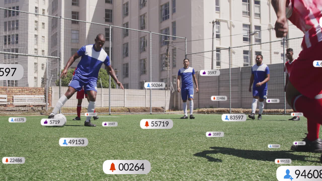 소셜 미디어 알림 애니메이션이 여있는 경기장에서 축구 선수