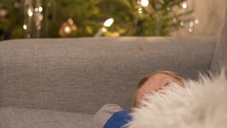 tired toddler boy sleeping on couch after christmas celebrations