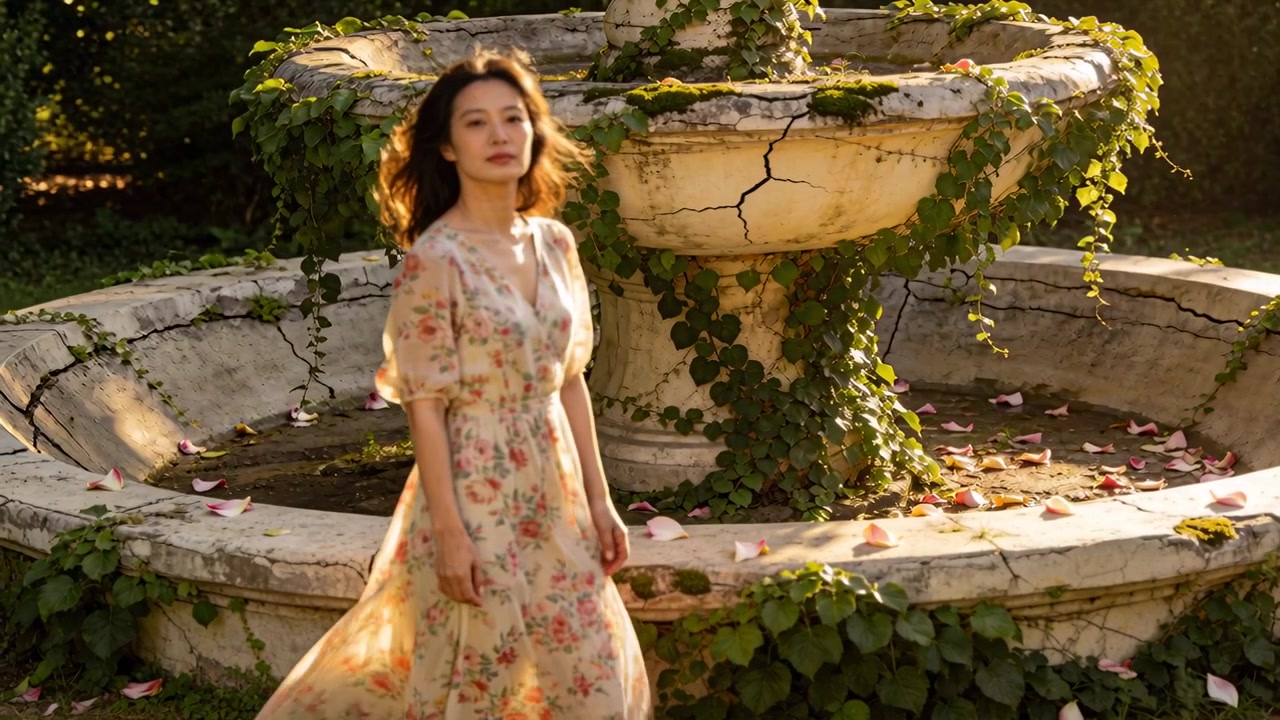 Walking Asian woman approaching ivy-clad fountain rim in park posing in floral gown, camera zooming