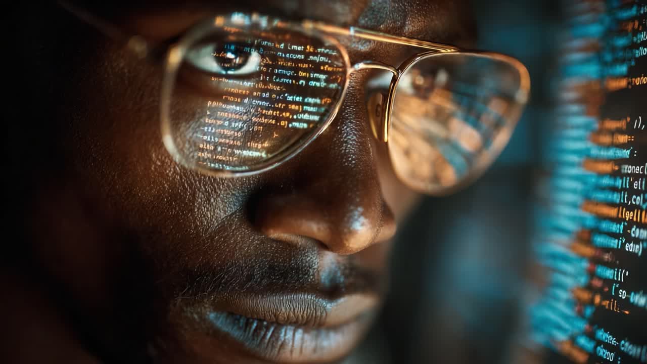 A Focused Programmer Analyzing Complex Code Using Advanced Technology, Highlighting the Intersection of Processing Power and Visual Insight in a Digital Era