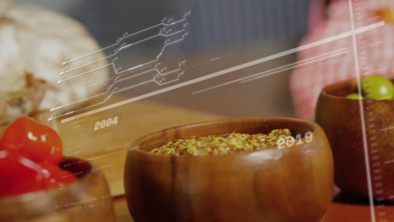 Træskåle med korn og grøntsager, overlejret med animation af databehandling