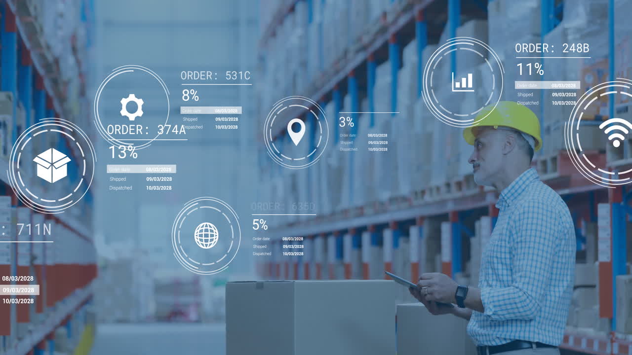 Using tablet, warehouse worker analyzing digital data with animation overlay
