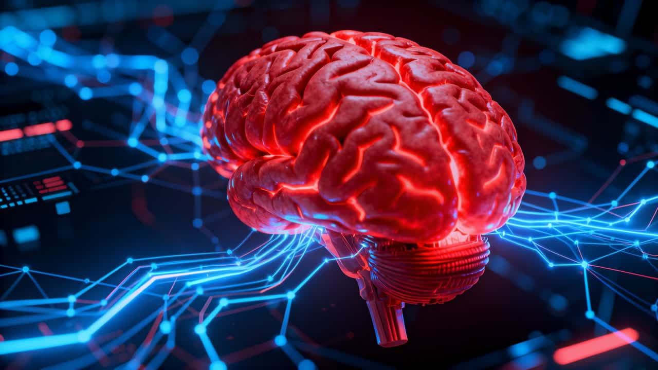 Modelo de cerebro rojo recibiendo señales de circuitos azules, pulsando e iluminándose sobre una plataforma de placa base.