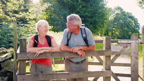 retrato en cámara lenta de una pareja de ancianos caminando en el distrito de los lagos del reino unido mirando a través de una puerta de madera