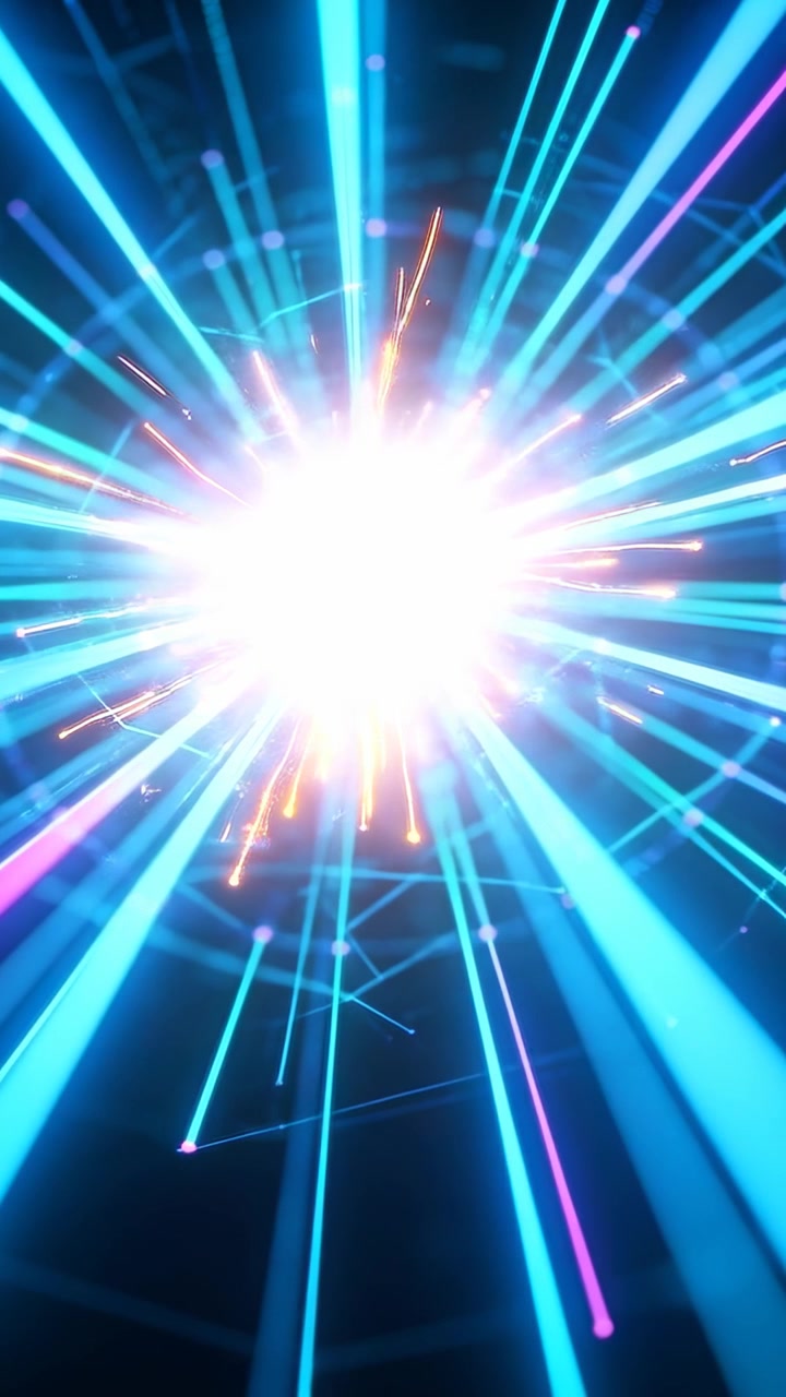 Video verticale: Nucleo luminoso che irradia raggi ciano e punti magenta attraverso una griglia come un impulso di dati.