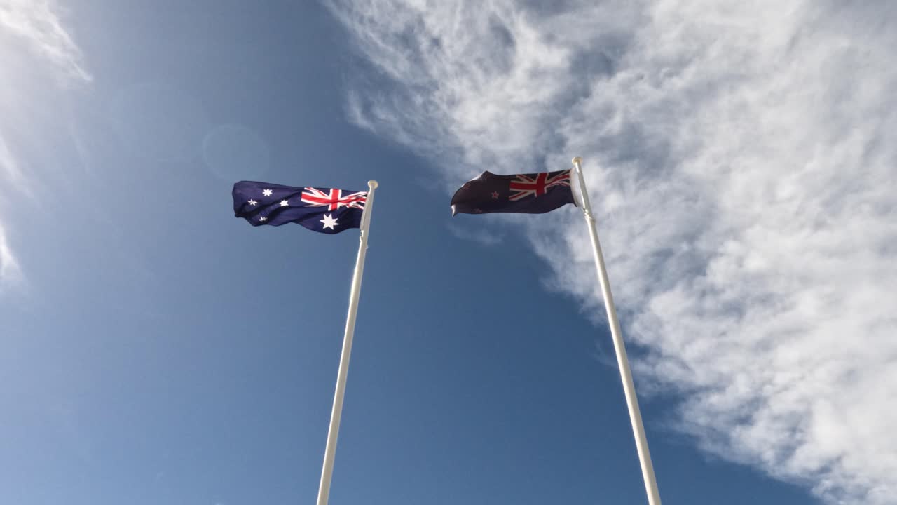 두 개의 오스트레일리아 발이 구름이 가득한 하늘을 향해 흔들리고 있다