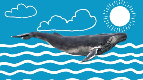 swimming blue whale. abstract art concept with doodle draw shapes. realistic 3d character animal. background in creative stop motion style. graphic colorful design. cartoon fashion loop animation.