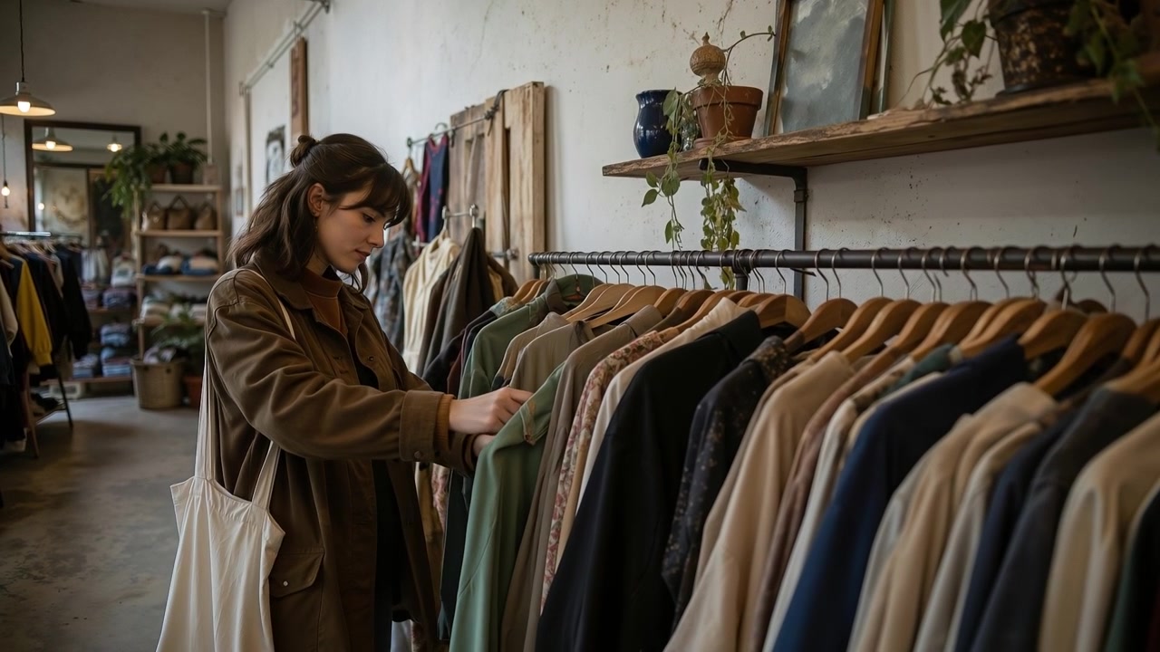 Giovane donna che sfoglia abiti vintage su uno stand in una boutique.
