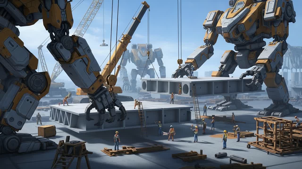 High-Tech Construction: Large Mechanized Robots Collaborate with Human Workers on an Impressive Industrial Site, Showcasing Advanced Technology and Engineering