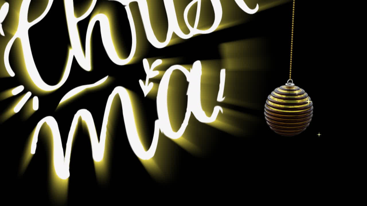 Testo "Buon Natale e felice anno nuovo" luminoso con pallina oscillante su sfondo nero.