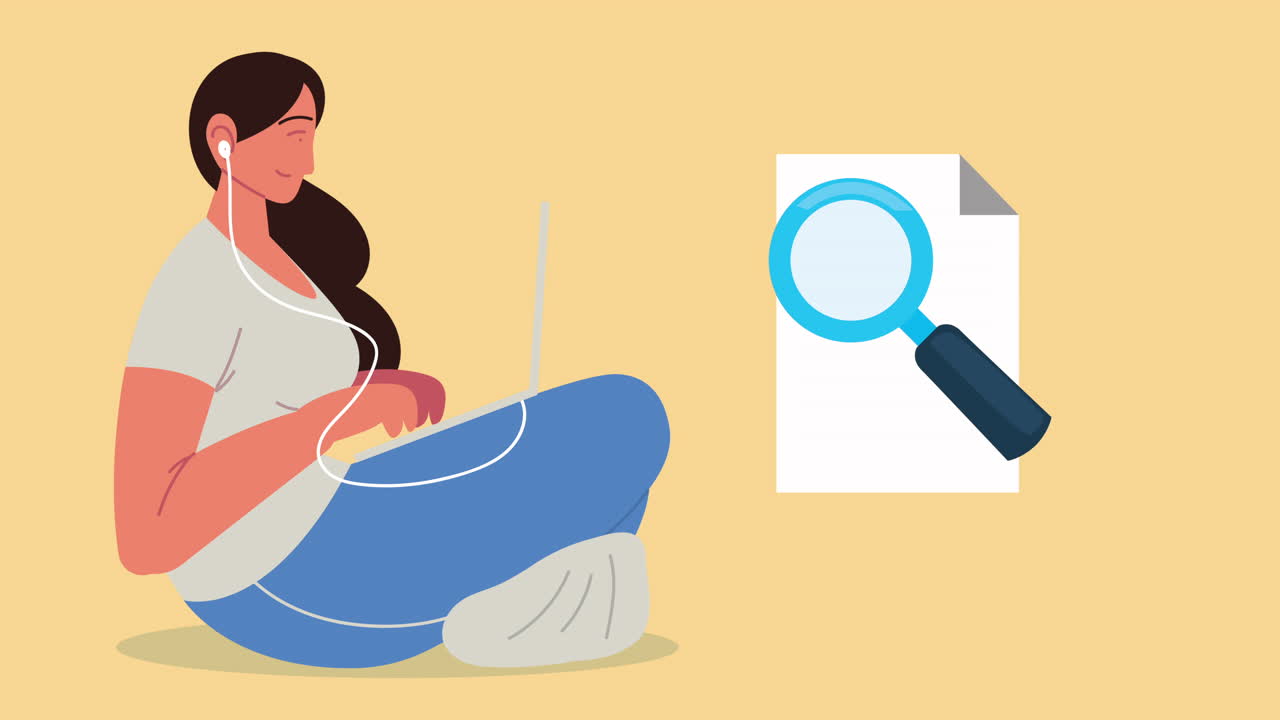 joven sentada usando una computadora portátil con lupa