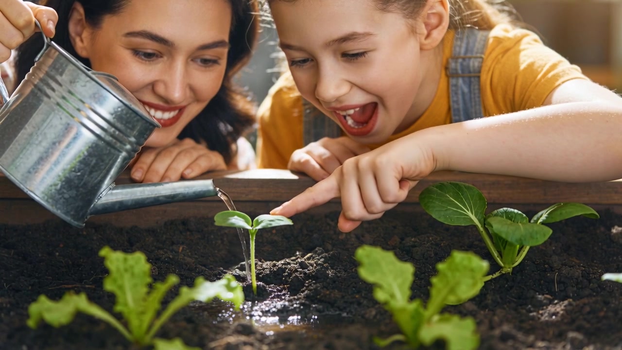 Tipping woman and child in overalls pouring water touching sprout planter with metal can teaching