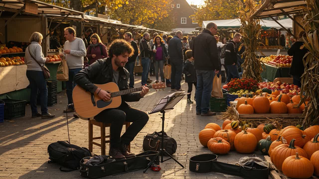 A man plays an acoustic guitar at a bustling autumn street market filled with people and pumpkin stalls