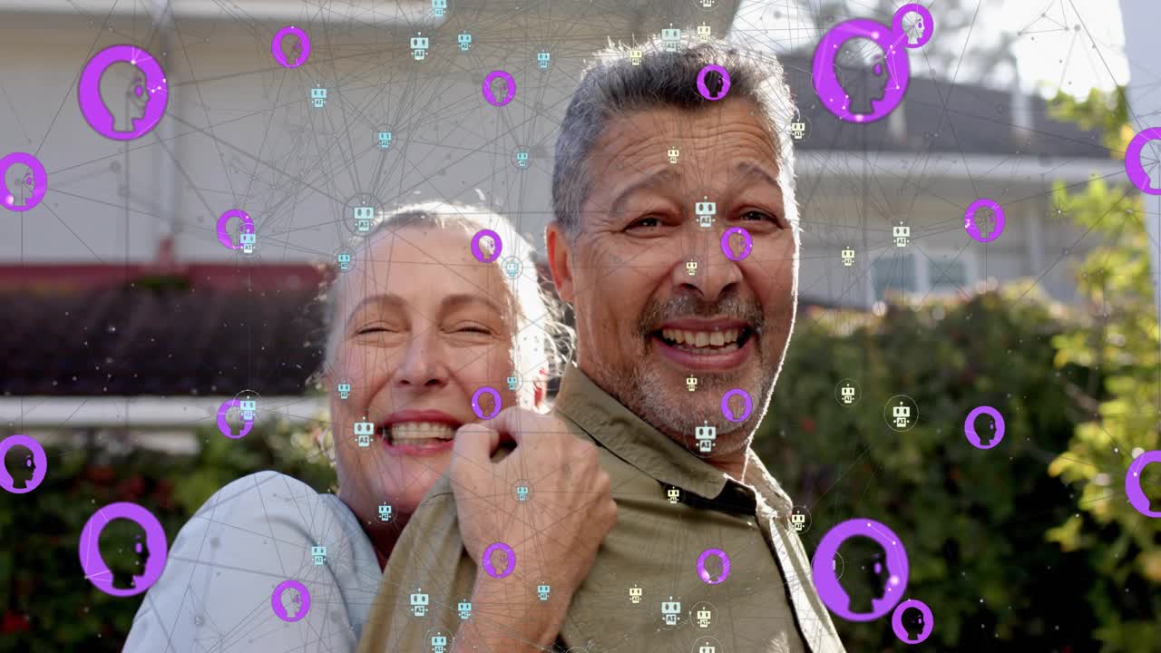 Mature woman wrapping arm around man, causing purple overlay highlighting smart home technology