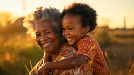 Warm, joyful moment of a grandmother and child at sunset. Captured from a side angle, perfect
