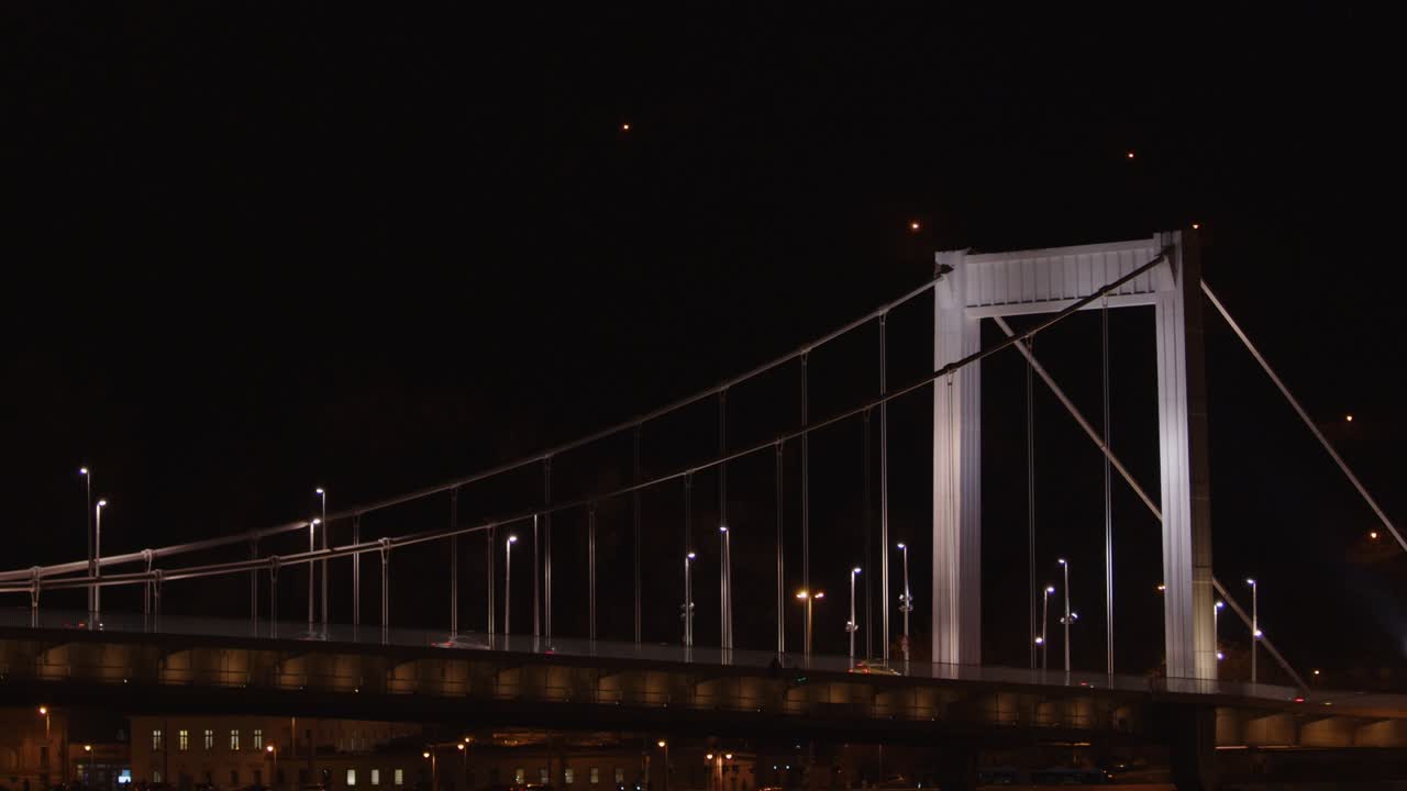 Traffic Across The Elisabeth Bridge During Nighttime In Budapest, Hungary. Static Shot