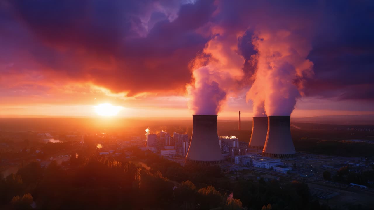 Stunning Sunset over Industrial Power Plant with Smokestacks Emitting Steam Against a Dramatic Colorful Sky, Capturing the Essence of Energy Production and Nature's Beauty