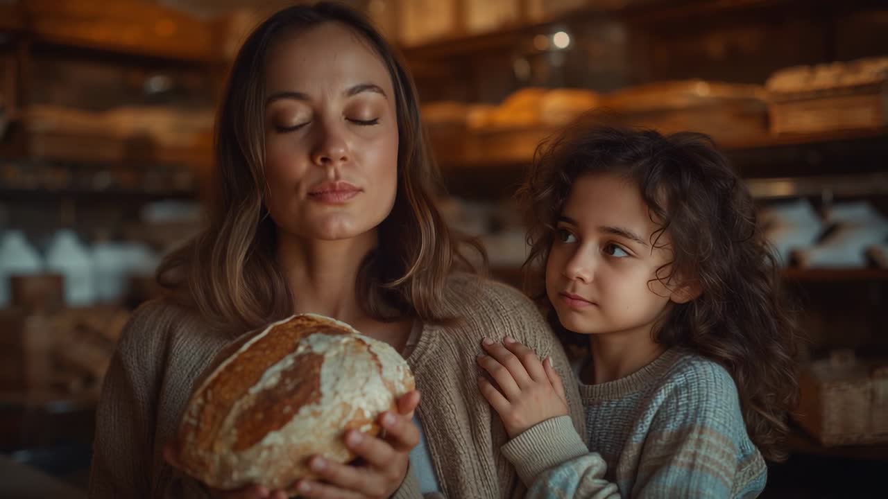 Vertical video: Woman lifting loaf to nose, girl resting hands on shoulder, savoring bakery aroma