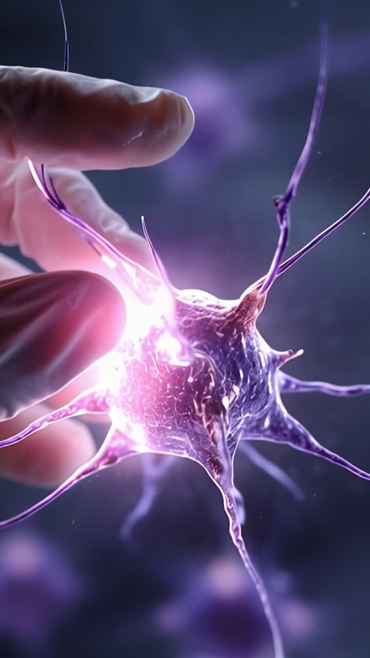 Intricate Interaction: A Hand Reaching to Touch a Glowing Neuron Illustrating the Connection Between Science and Human Touch in a Mystical Setting