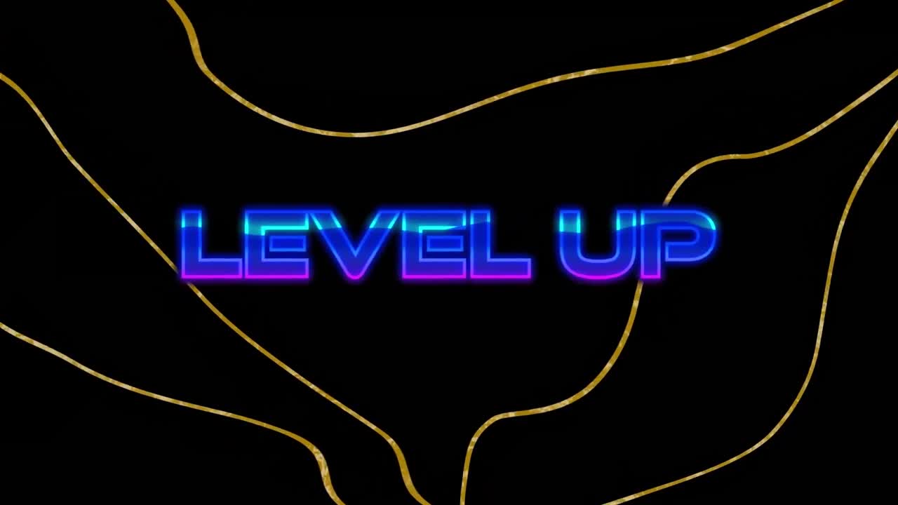 Animation of illuminated level up text and lines moving on black background