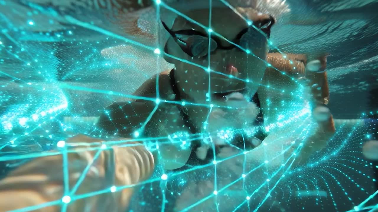 Nuotatore che si esibisce sott'acqua con effetti tecnologici in una piscina.