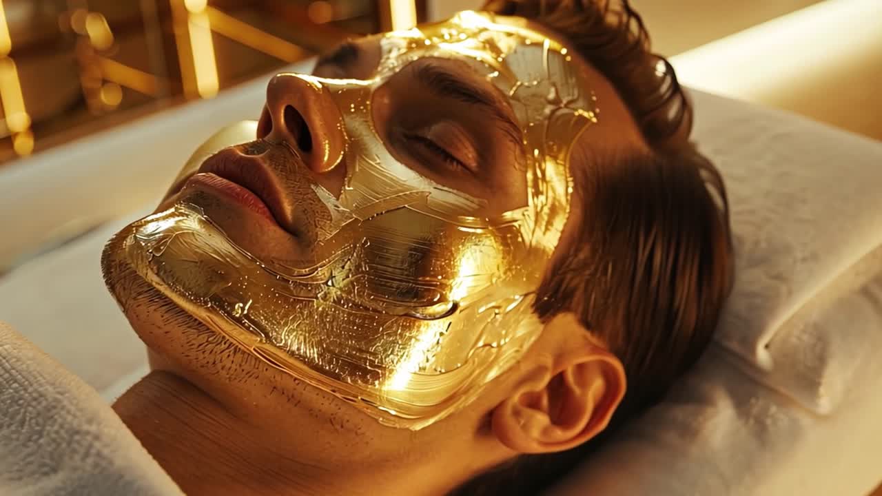 Person receiving a luxurious gold facial mask treatment