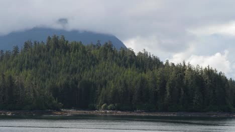 scenic cruising around sitka, alaska.dense forest and rocky shore. clouds covering the peak of the mountain.