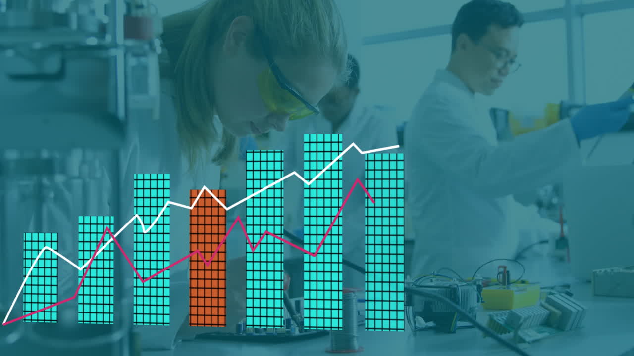 Scientists inspecting circuit boards at lab bench, overlaying tech data bar charts and graphs