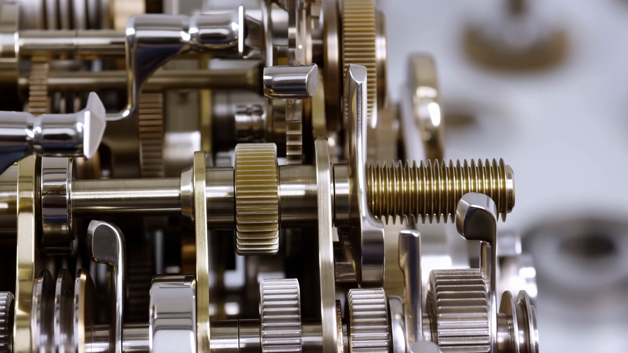 Macro Brass Gear Mechanism Closeup Showing Intricate Watch Movement, Polished Cogs, Threaded Post, Tiny Lever
