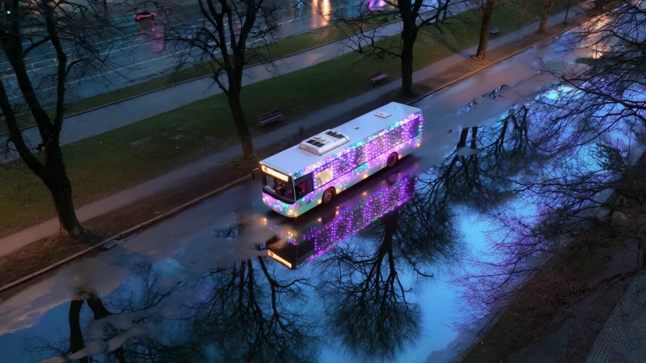 A Colorful Bus Illuminated with Vibrant Lights Reflects in the Rainy Street Puddles, Highlighting the Magical Atmosphere of a Delicate Urban Night Scene