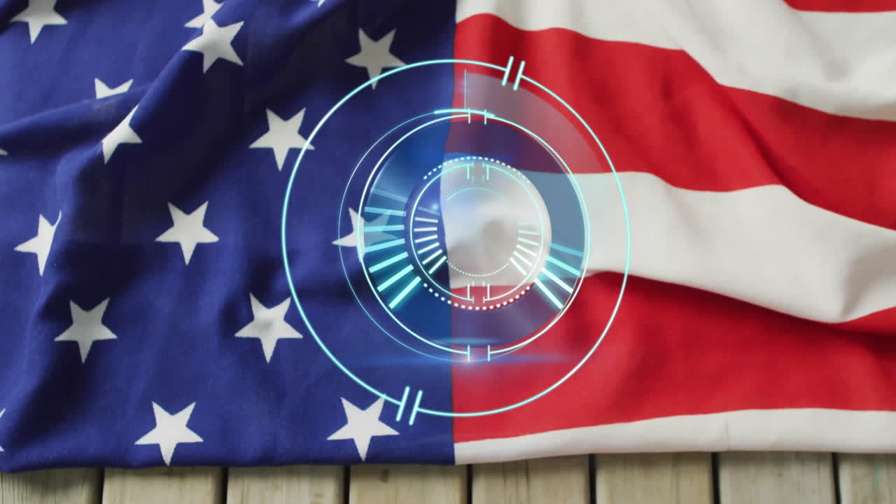 American flag with digital target animation overlay on wooden surface